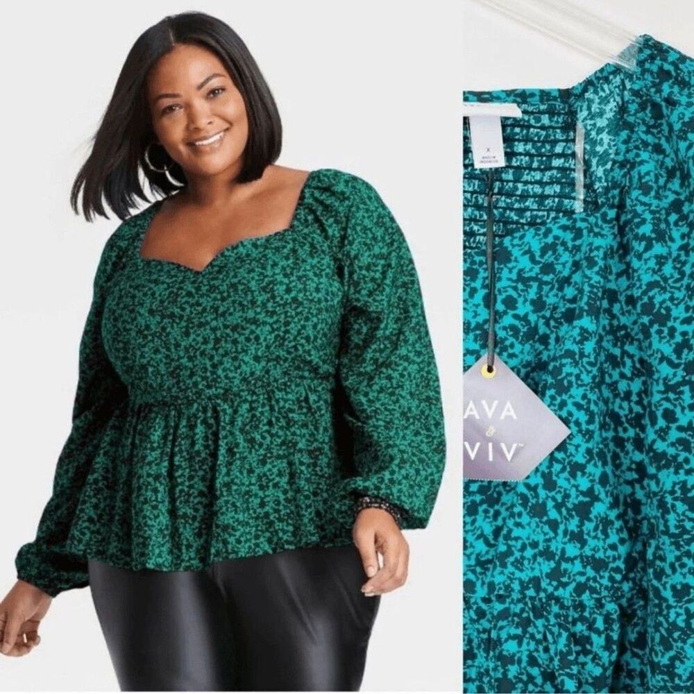 NWT Ava & Viv Sweetheart Neckline Top size 4X Green/Black Balloon Sleeve Peplum